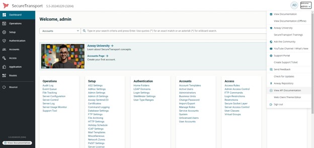 Welcome admin screenshot from SecureTransport