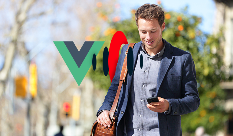 Vue and Streamdata logo and man on mobile phone