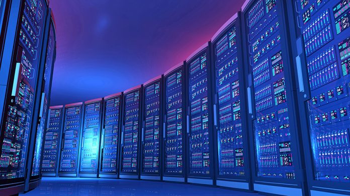 Futuristic data center with row of servers, blue light