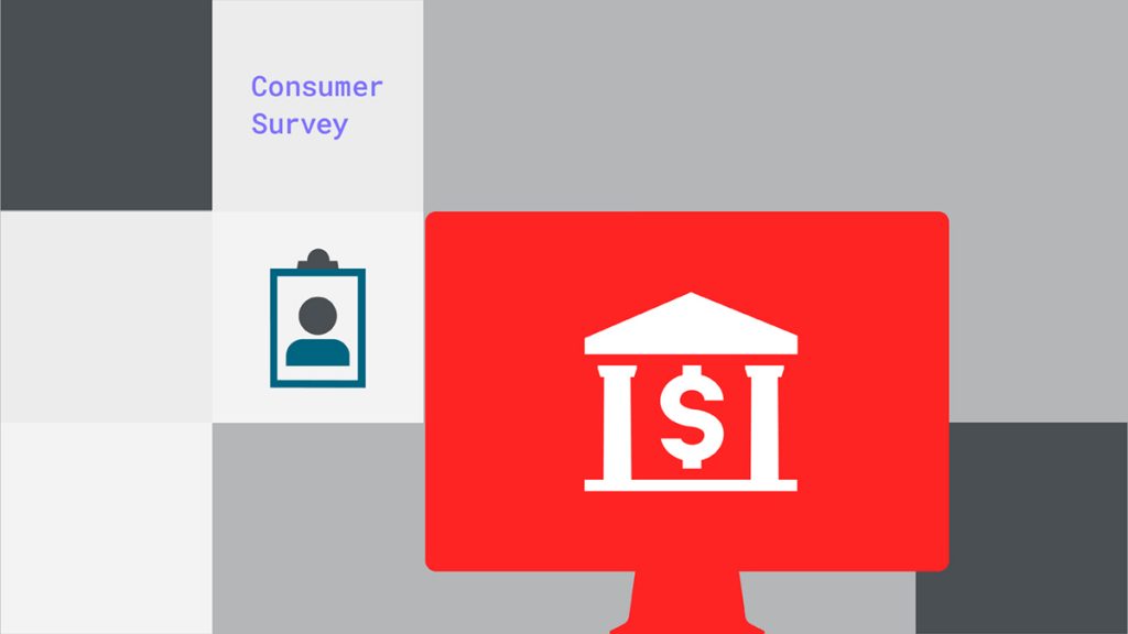 text: consumer survey, accompanied by a clipboard graphic and graphic of a bank on a red computer background