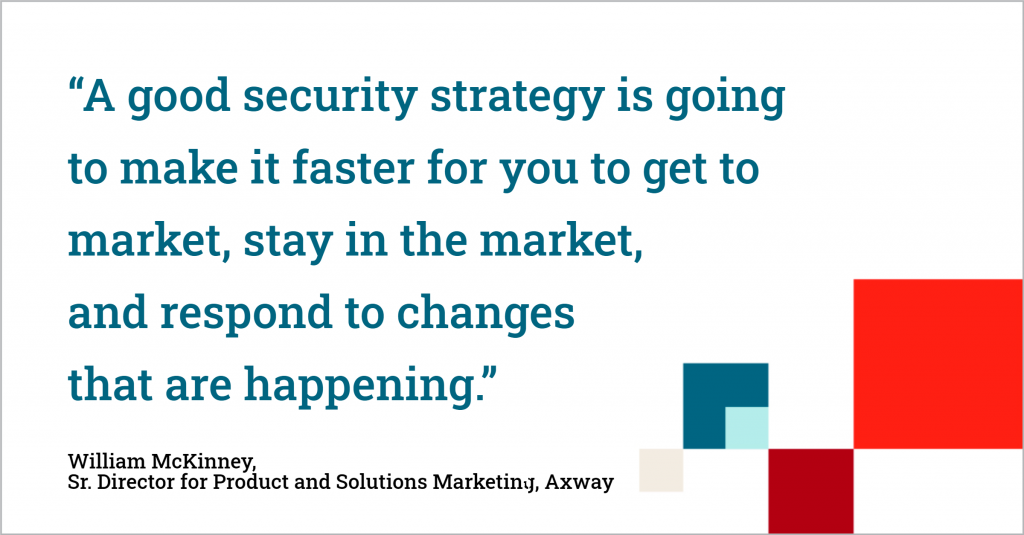 "A good security strategy is going to make it faster for you to get to market, stay in the market, and respond to changes that are happening.” William McKinney, Axway Sr. Director for Product and Solutions Marketing. Image source: https://blog.axway.com/learning-center/digital-security/cyberthreats/rethinking-api-security-to-meet-todays-threats