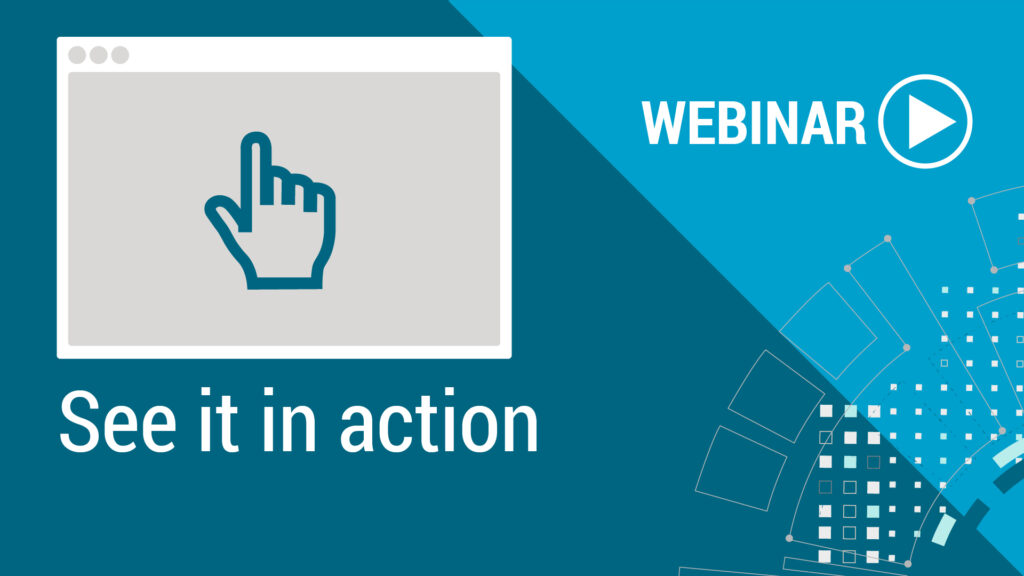 A promotional graphic for an amplify Open banking demo webinar. The left side features a browser window with a hand-click icon and the text "See it in action." The right side has the word "WEBINAR" with a play button icon, over a blue background with abstract digital design elements.