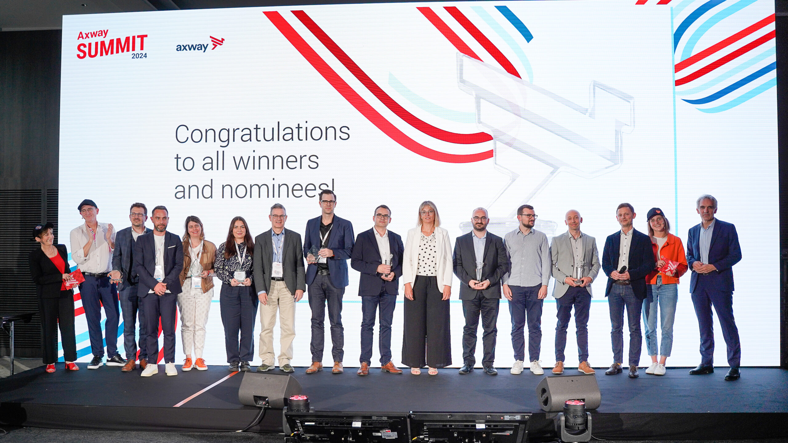 All the EMEA winners of the Axway Excellence Awards on stage at Axway Summit 2024 in Lyon, France