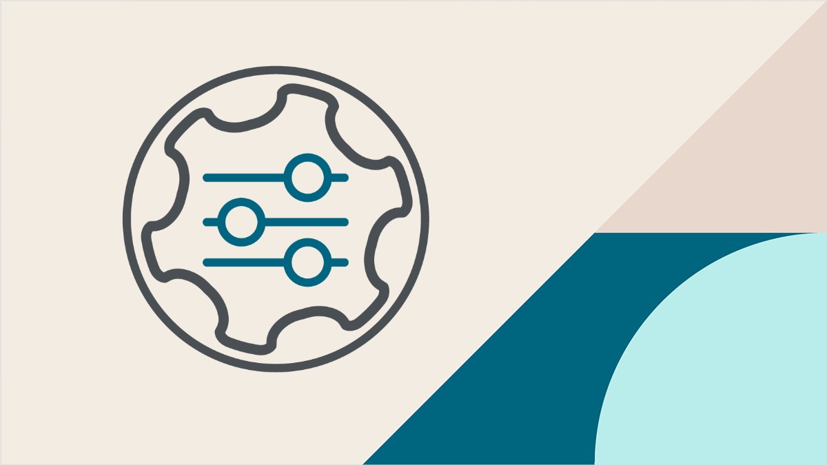Stylized gear icon with control sliders, set against a geometric background in beige and teal—representing Axway Workbench's customization and operational control.