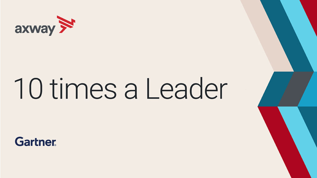 Promotional graphic featuring the Axway logo in the top left and the Gartner logo in the bottom left. Centered text reads "10 times a Leader," celebrating Axway’s repeated recognition in the Gartner® Magic Quadrant™. The right side displays overlapping geometric shapes in red, blue, and gray tones.