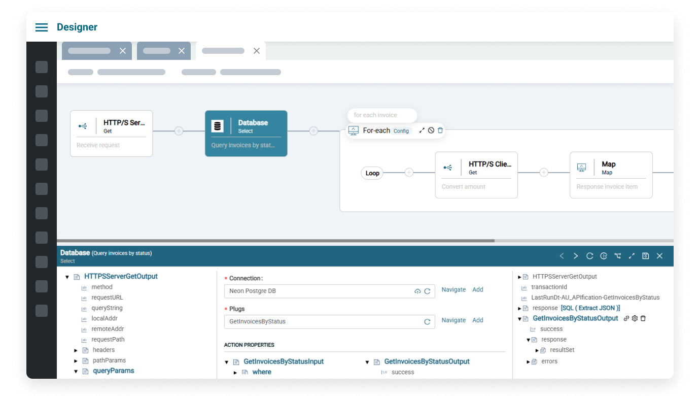 Amplify Fusion workflow designer interface for API orchestration and low-code integration. The visual flow includes connected components: an HTTP/S Server block for receiving requests, a Database block querying invoices by status, a loop for each invoice, an HTTP/S Client block converting amounts, and a Map block for response mapping. The lower panel shows detailed configuration for the Database step, including Neon Postgre DB connection, action properties like GetInvoicesByStatusInput and GetInvoicesByStatusOutput, and query parameters. The figure illustrates frictionless orchestration and workflow automation in enterprise integration.