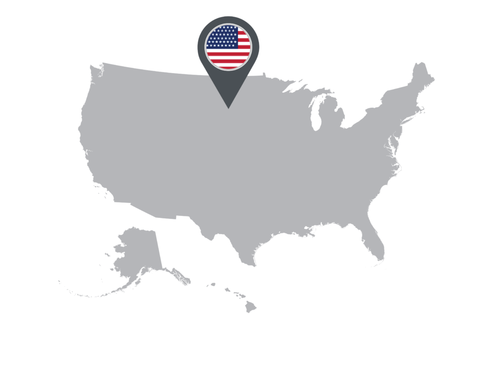 An outline of the map of the United States of America with a flag pin