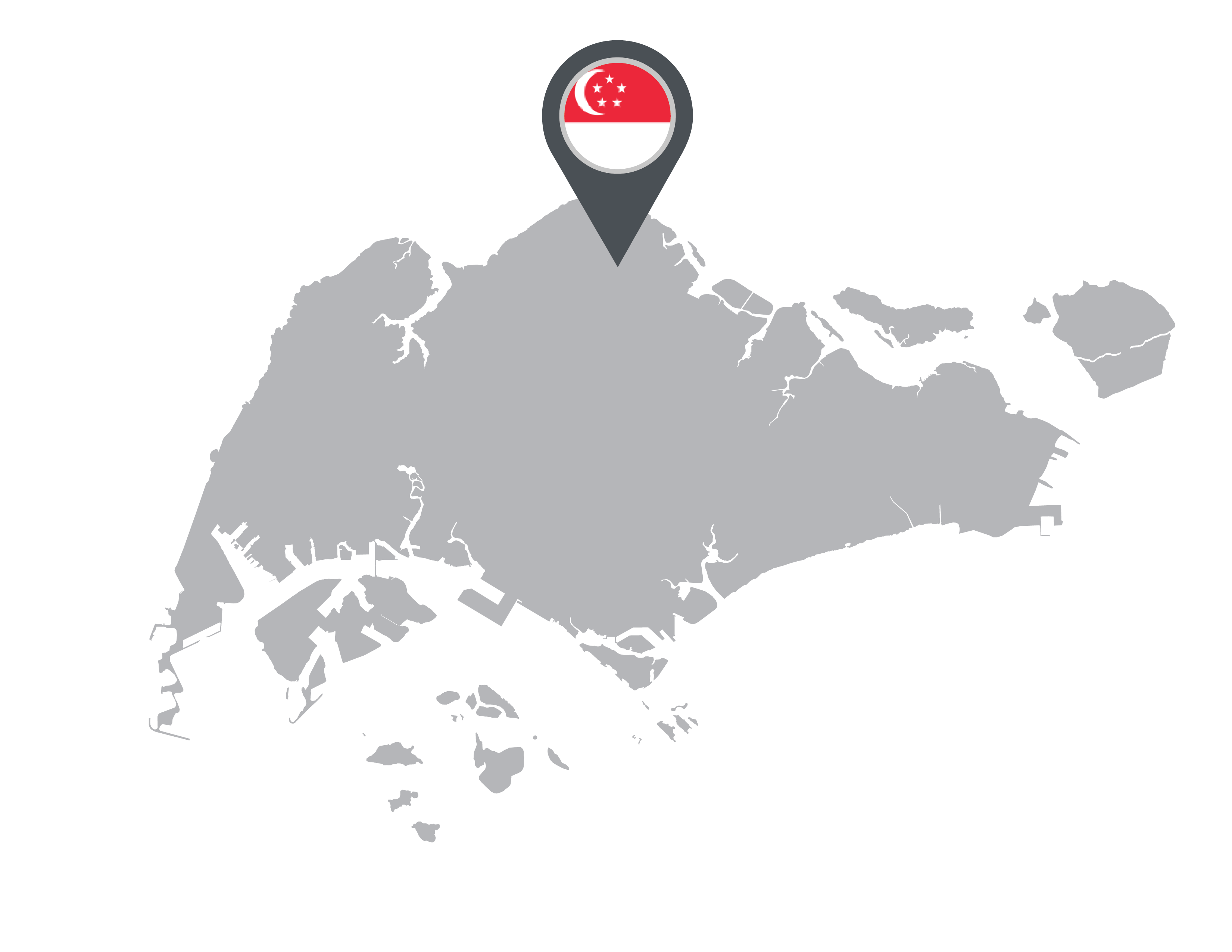 An outline of the map of Singapore with a Singaporean flag pin
