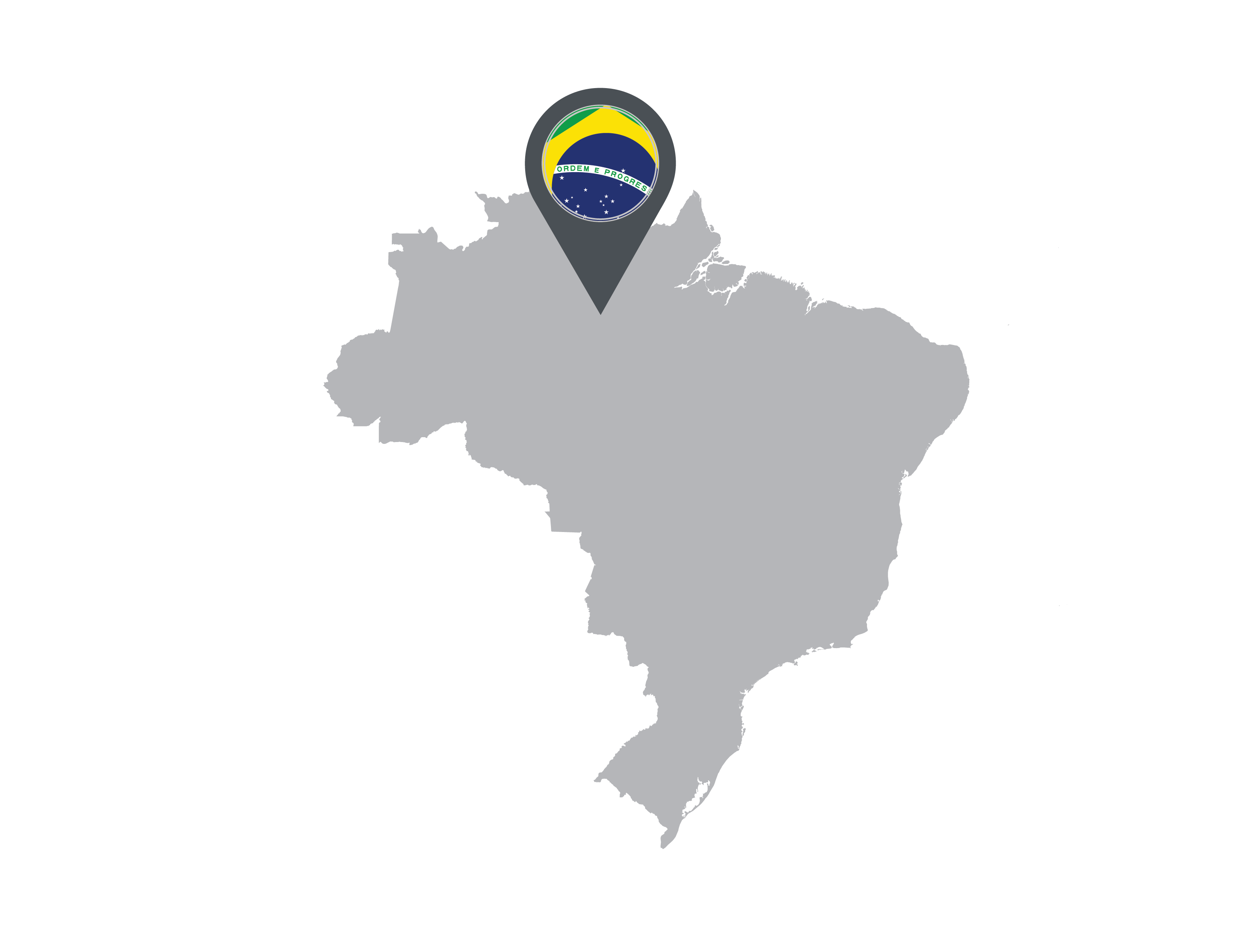 Shape of the map of Brazil with a pin that shows the flag of Brazil