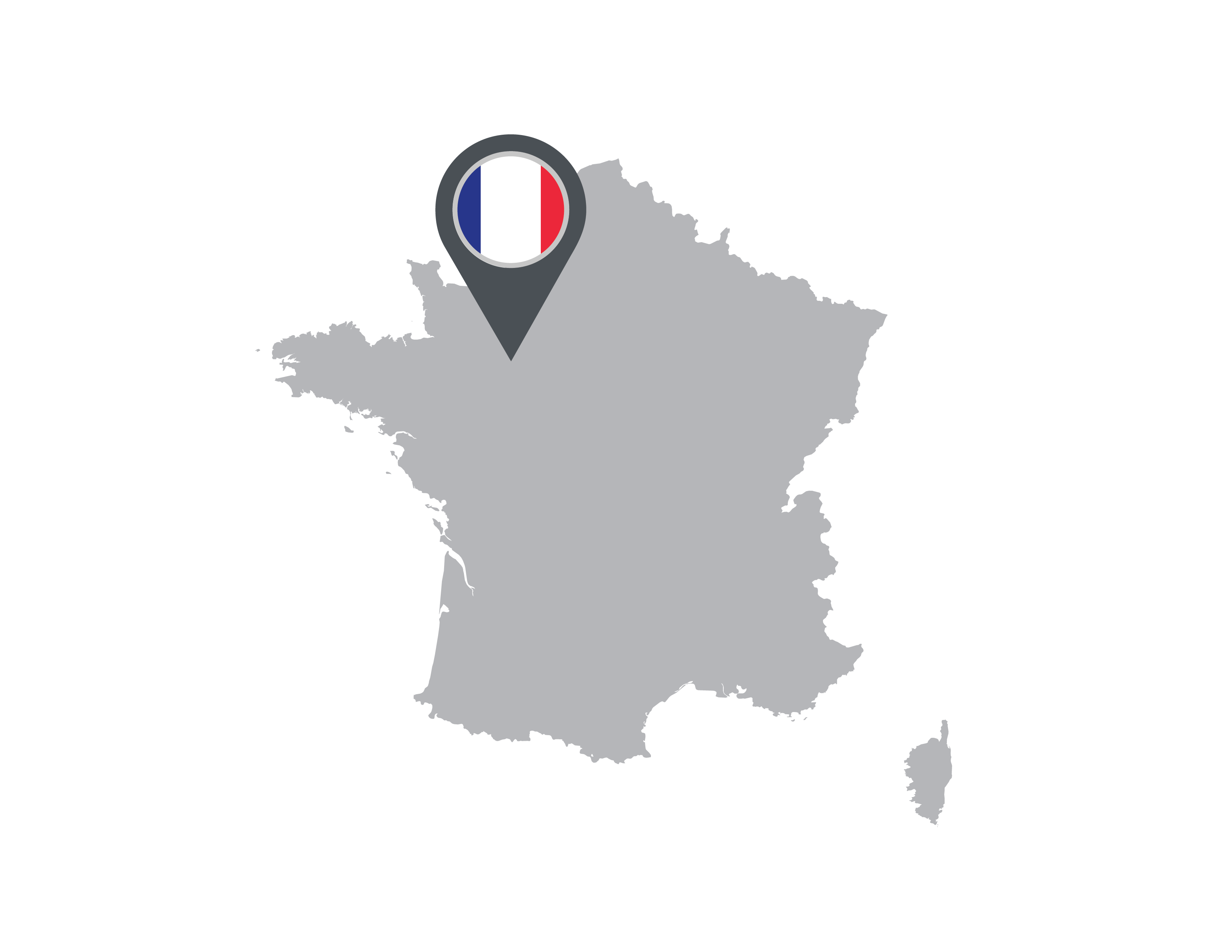 An outline of the map of France with a French flag pin