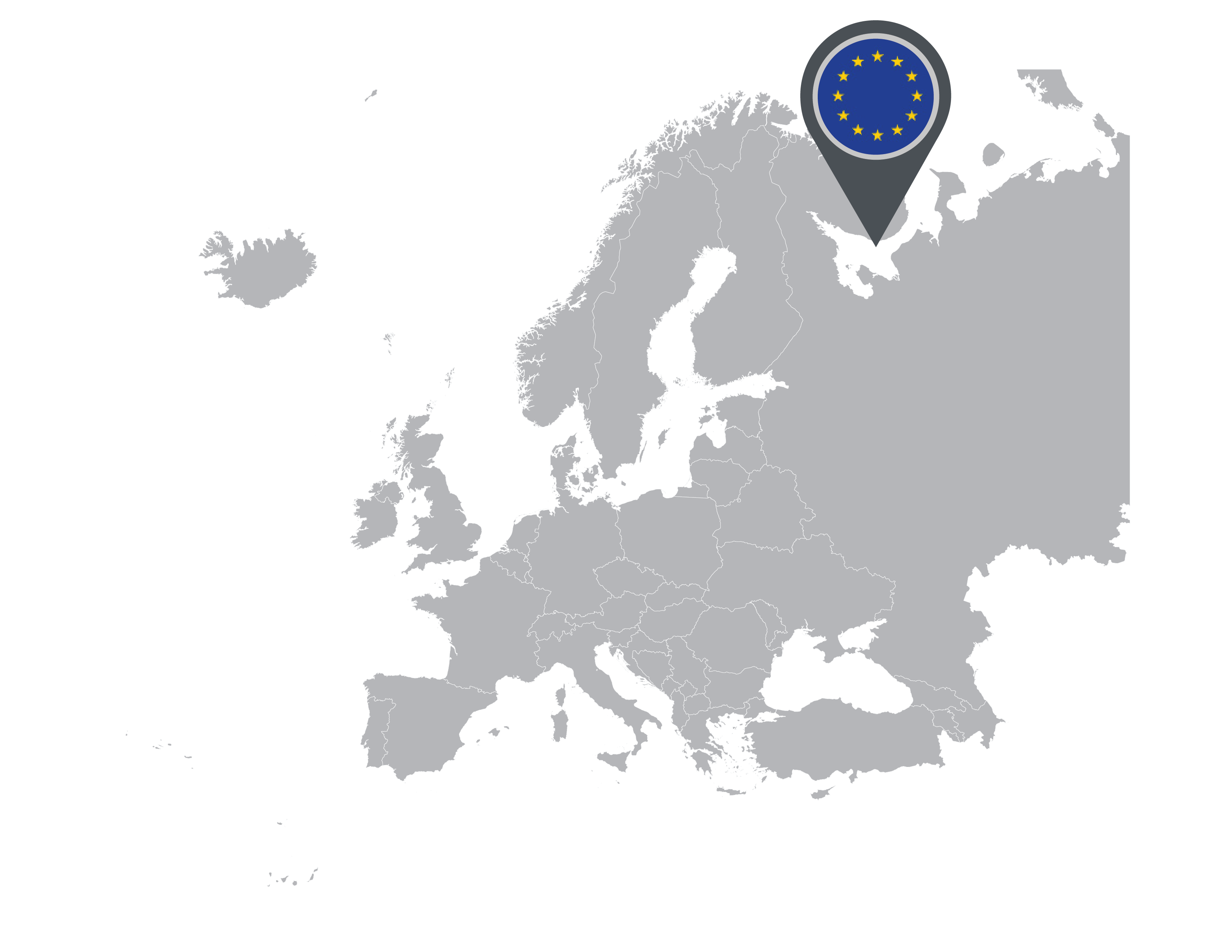 An outline of the map of Europe with a European Union flag pin 