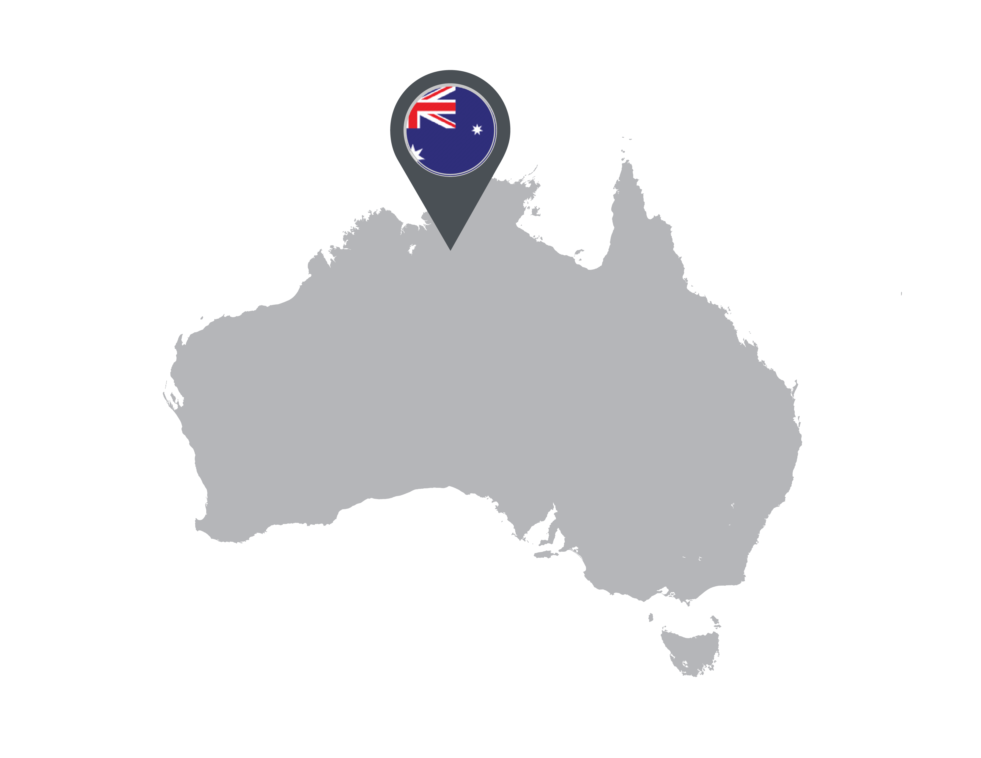 An outline of the map of Australia with an Australian flag pin