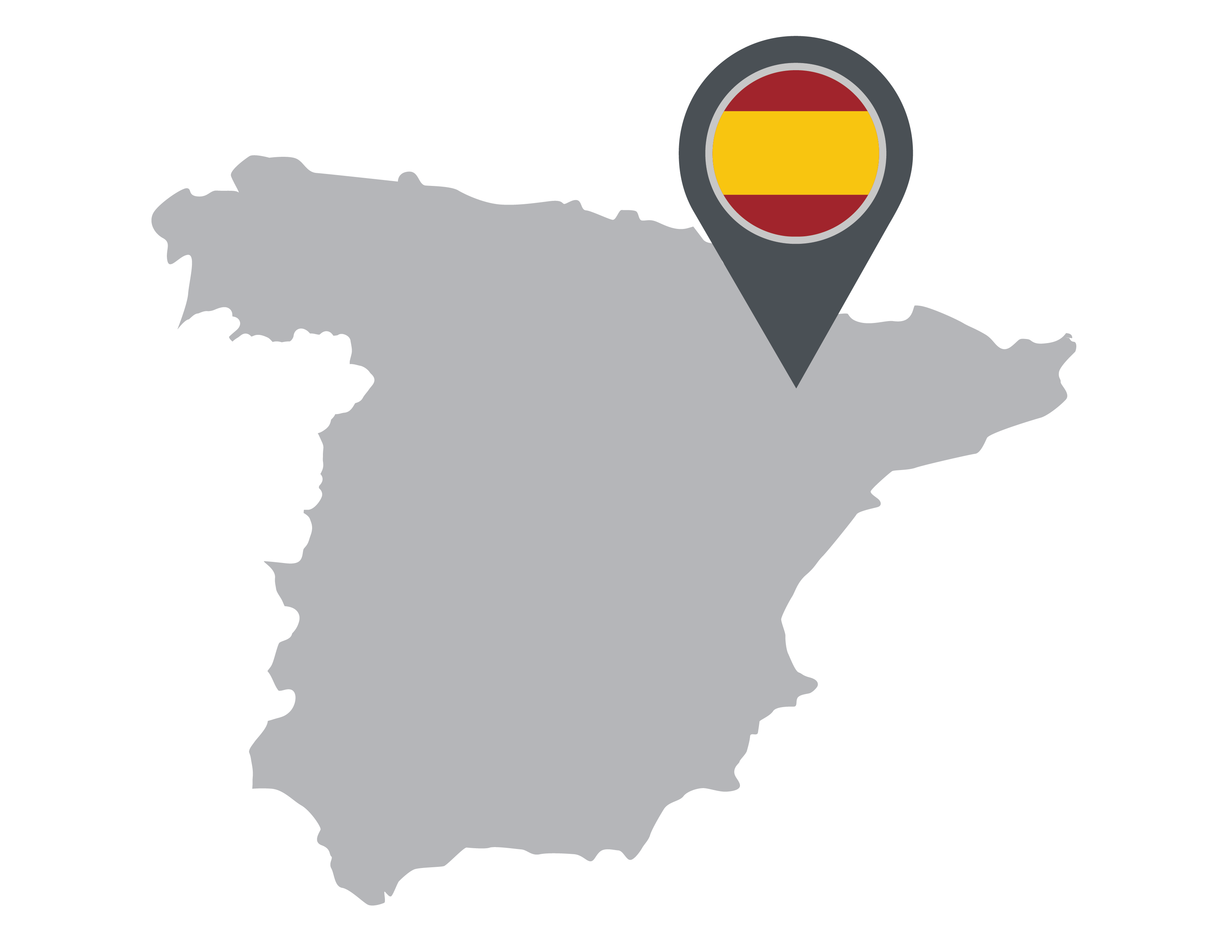 An outline of the map of Spain with a Spanish flag pin
