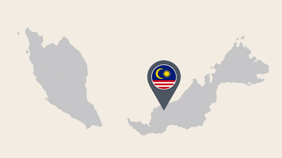 Stylized map of Malaysia with a location pin featuring the Malaysian flag, pointing to the continent.