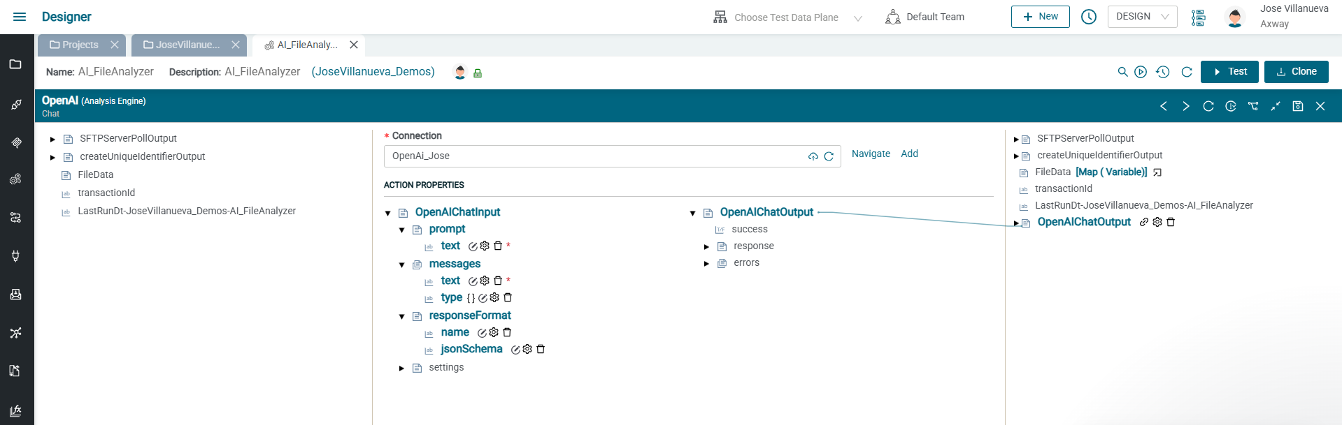 A screenshot of the Amplify Fusion editor showing the configuration of an OpenAI connector, including governed prompt fields, message structure, response schema, and output mapping used to validate and route AI classification results.