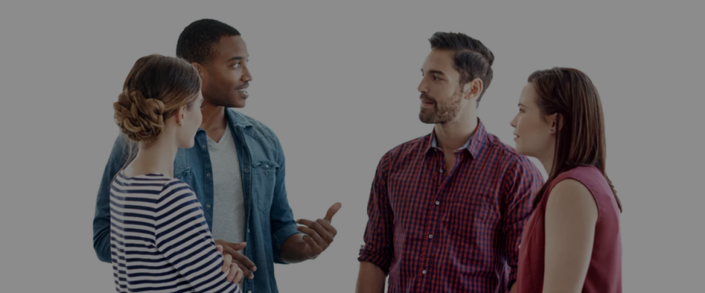 Transparent background with a group of 4 people, two men and two women, talking.