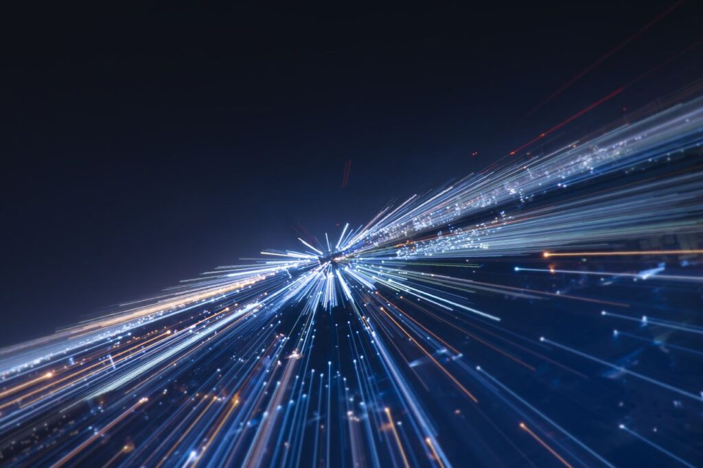 Speed lines trail from night city- lens effect. technology background