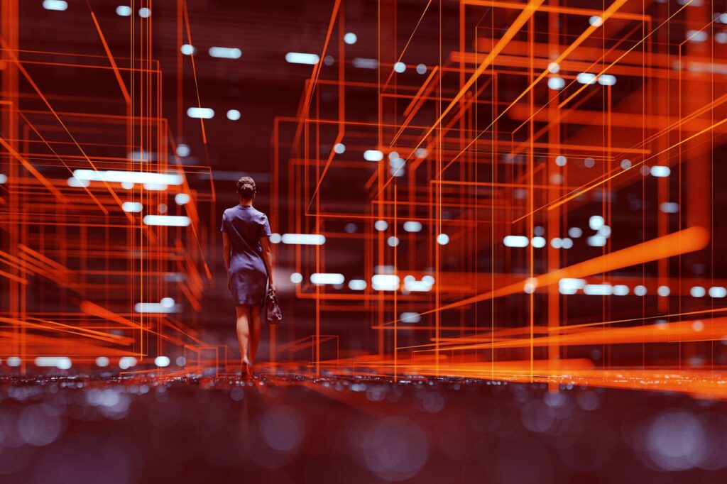 Futuristic city VR wire frame with businesswoman walking. This is entirely 3D generated image.