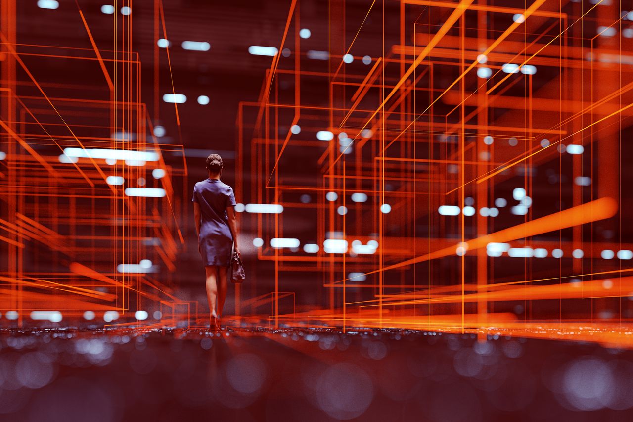 Futuristic city VR wire frame with businesswoman walking. This is entirely 3D generated image.