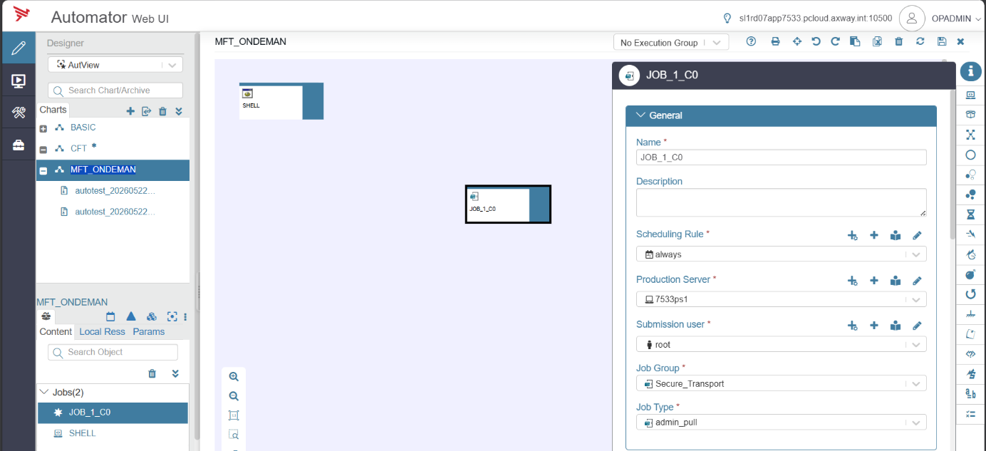 Vue Designer de l’interface Automator Web UI montrant un canevas de workflow avec des blocs de tâches, un panneau de navigation à gauche et un panneau de configuration à droite.