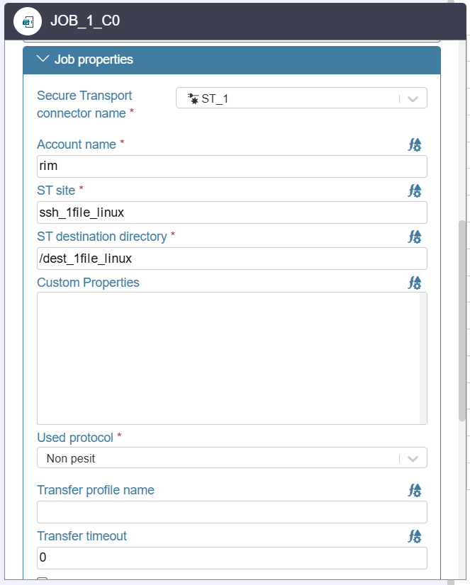Formulaire de propriétés de tâche dans Automator affichant des champs pour le nom du connecteur, le compte, le site, le répertoire de destination, les propriétés personnalisées, le protocole et les paramètres de transfert.