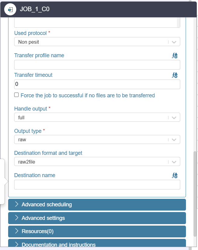 Partie inférieure d’un formulaire de propriétés de tâche Automator affichant la gestion de sortie, le type de sortie, les paramètres de destination et des sections dépliables pour la planification, les paramètres, les ressources et la documentation.