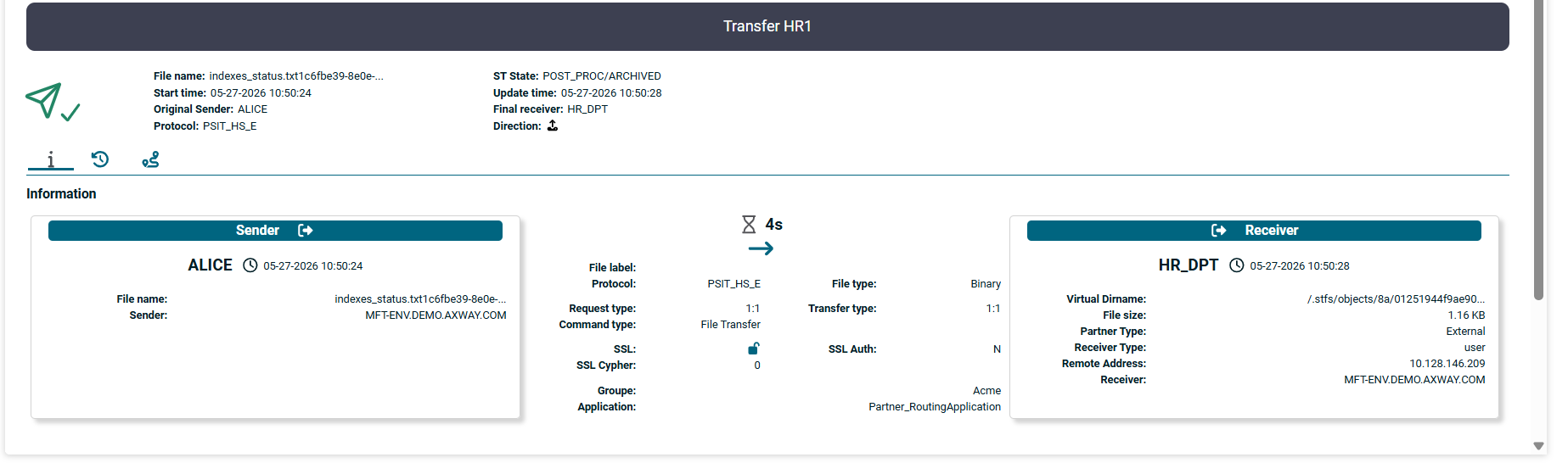Page de résumé de transfert affichant des panneaux expéditeur et destinataire, des métadonnées de transfert de fichier, des détails de protocole et la durée du transfert.