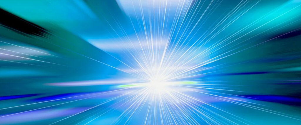 rays of blue and white lights, like speeding in space