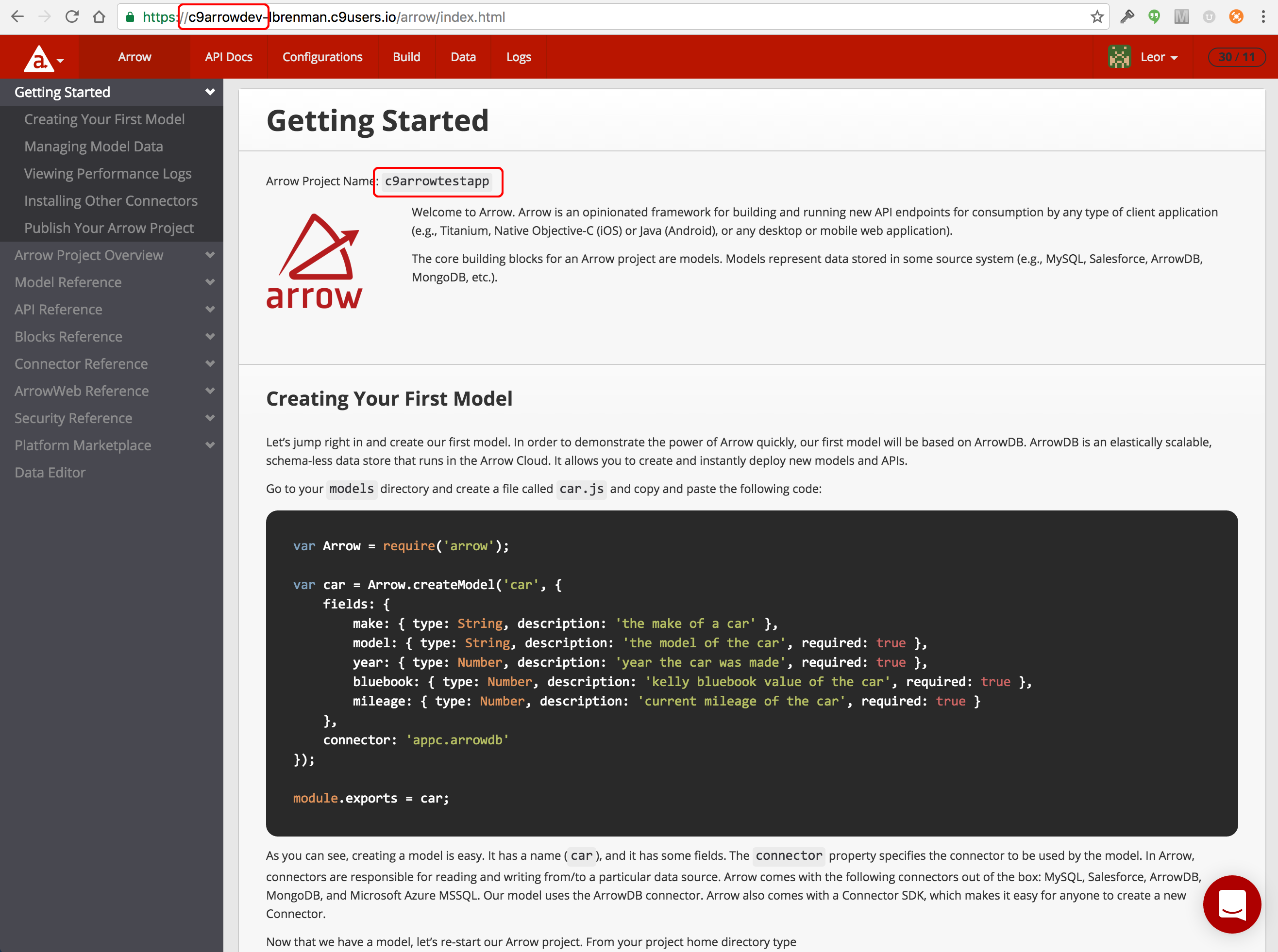 Arrow Builder API Development with Cloud9