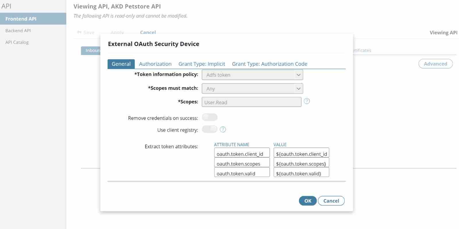 Select the policy previously created from the Token Information policy dropdown