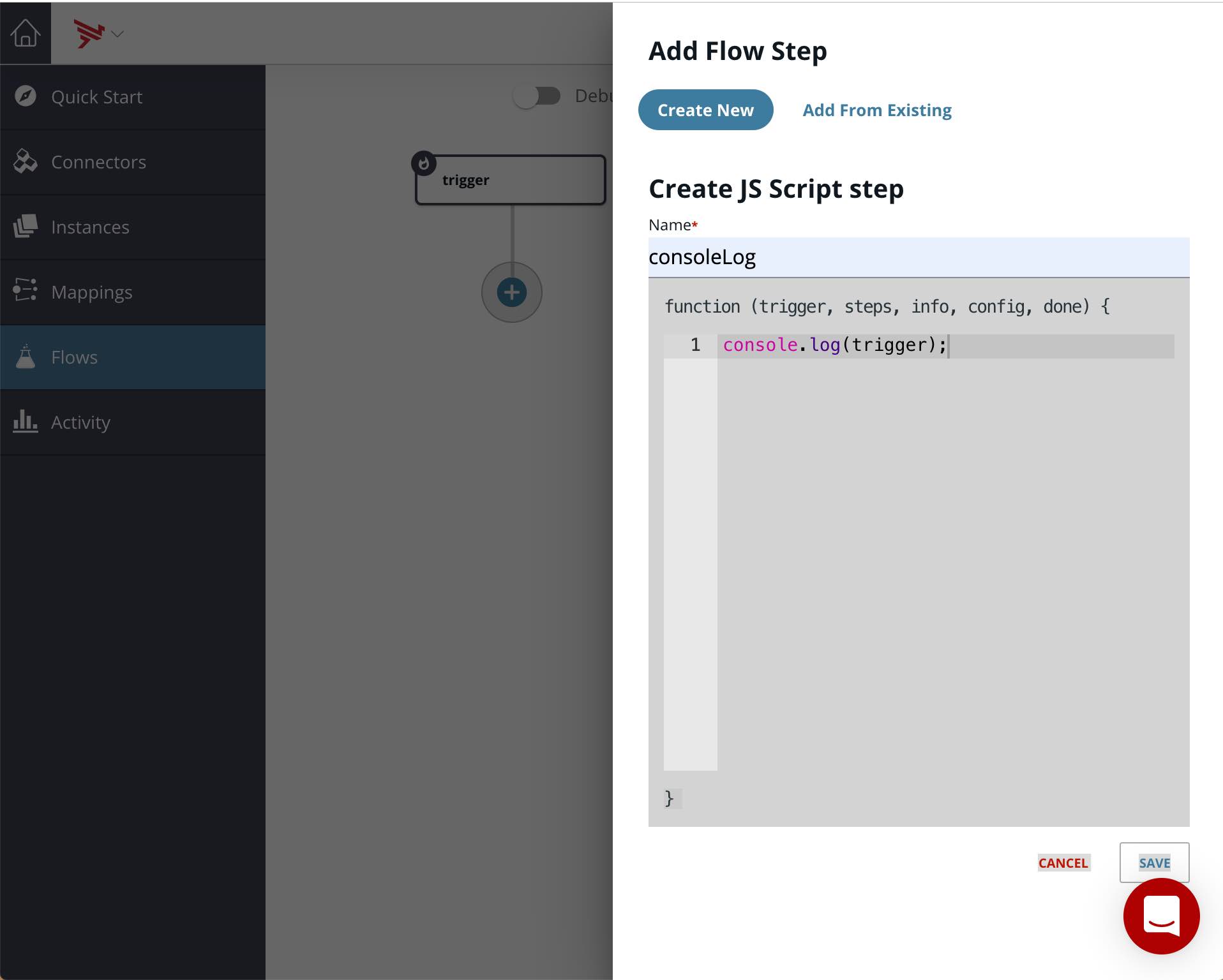 Add a JS Script step to the flow trigger