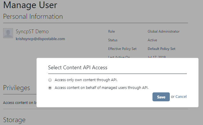 Access content on behalf of managed users through API